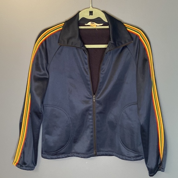 Vintage navy jacket with rainbow detail down arms. Sz 10 (M) - Picture 1 of 6